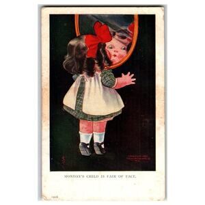 Vintage 1907 Monday's Child Girl Mirror Valentine Postcard by Ullman
